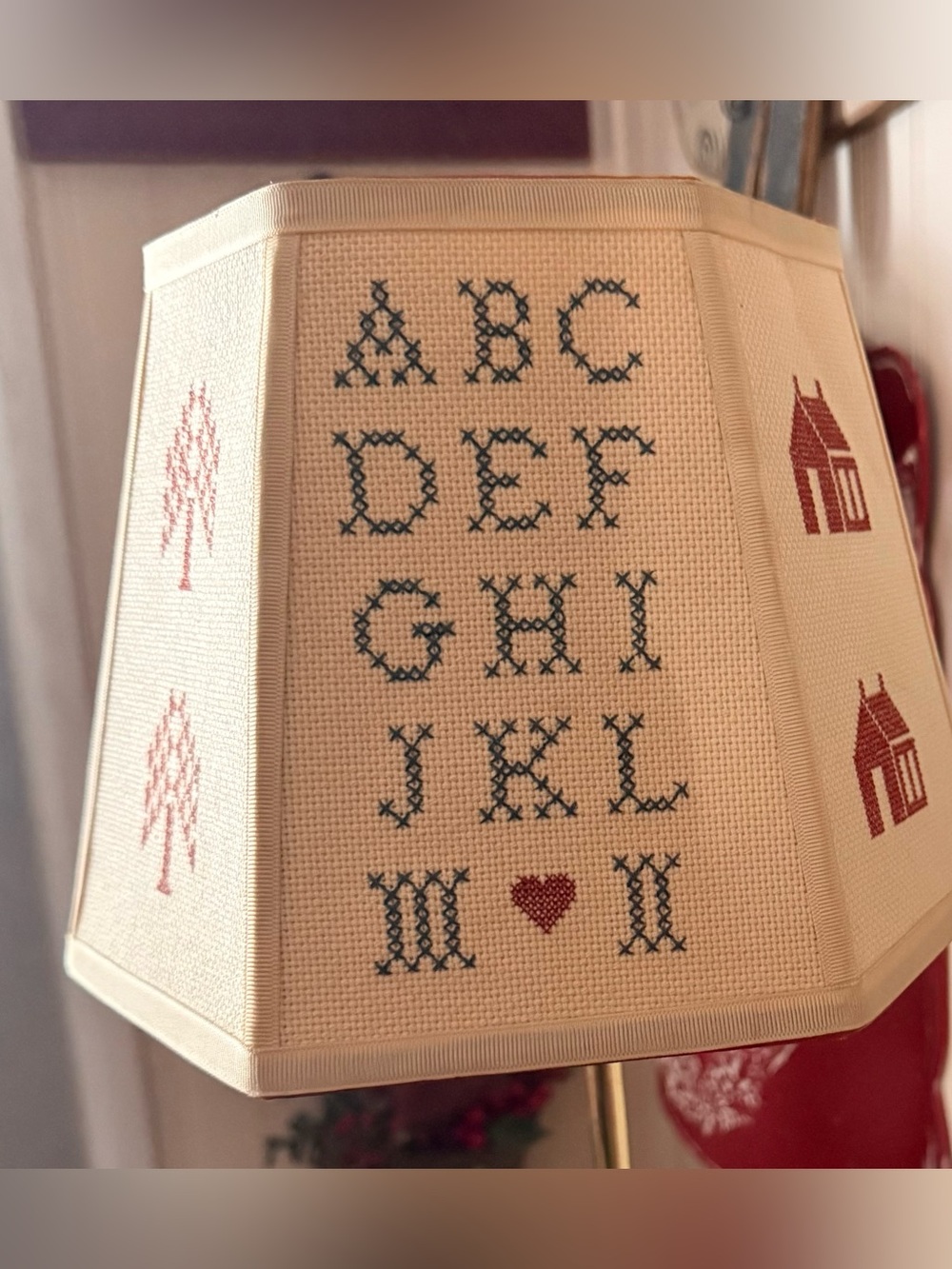 Amazing Vintage Folk Art Primitive Cross Stitch Sampler Lampshade 6-3/4"Tall